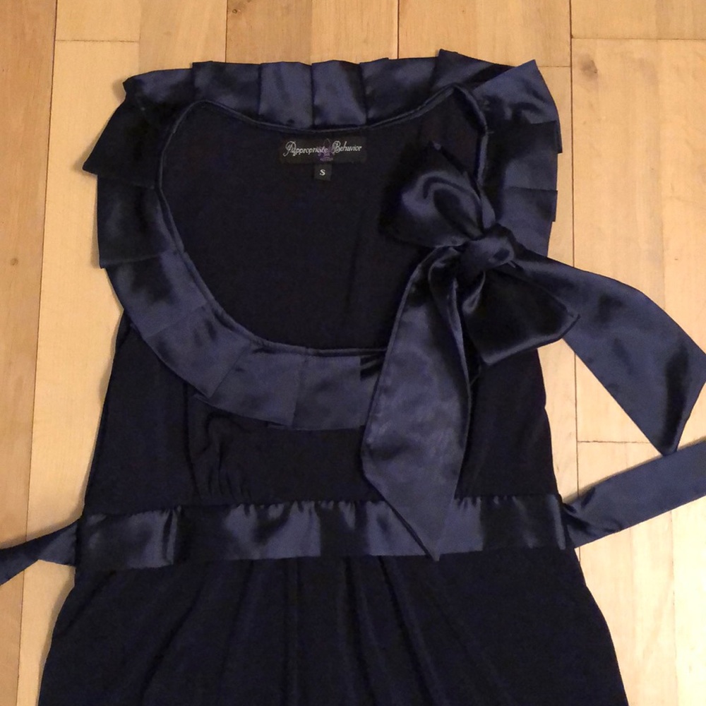 Navy blue bubble hem dress w/satin ribbon detail